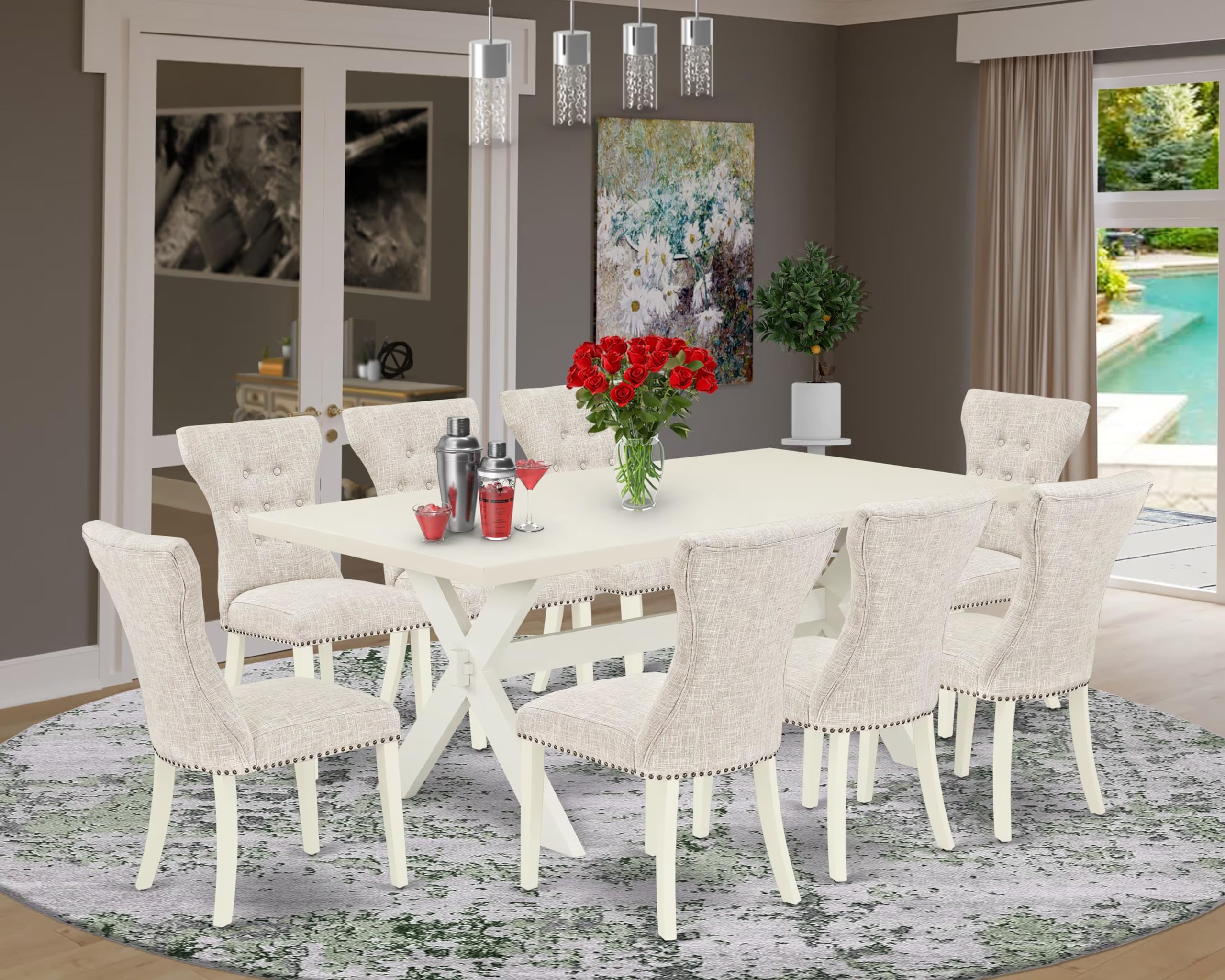 East West Furniture X027Ga235-9 9 Piece Dining Set Includes A Rectangle Dining Room Table With X-Legs And 8 Doeskin Linen Fabric Upholstered Parson Chairs, 40X72 Inch, Multi-Color